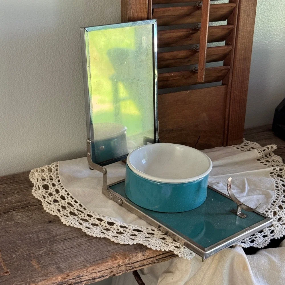 Vintage Mallard Duck Travel Shaving Kit Folding Mirror Teal Enamel Cup Grooming